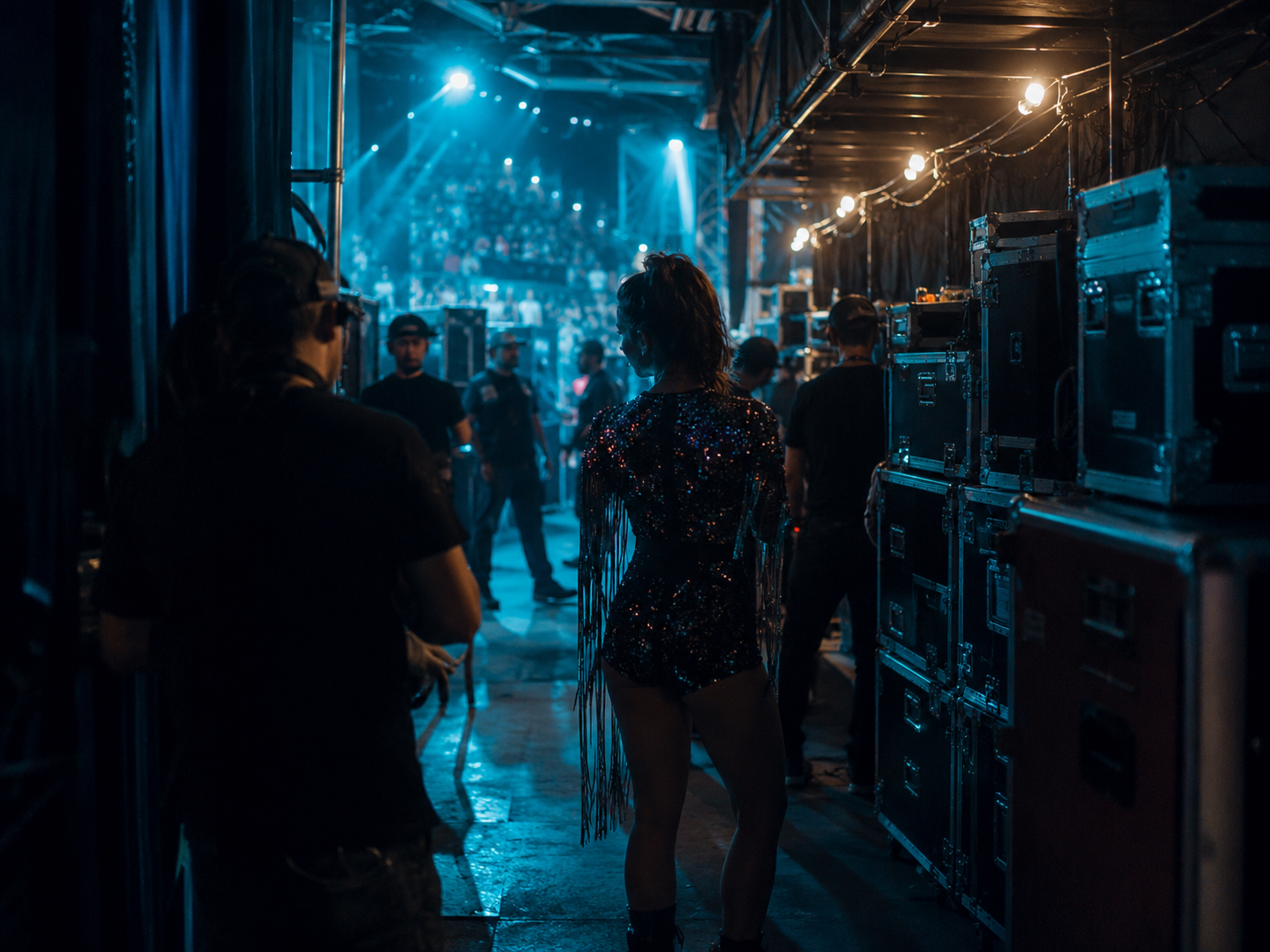 Performer walking backstage toward a teal-lit arena