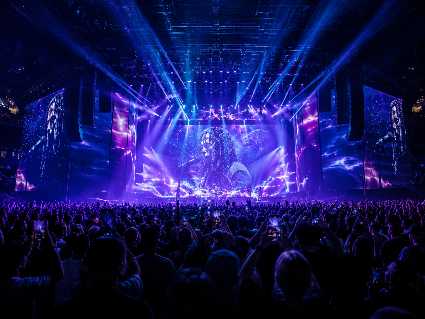 Arena stage with purple lights and a massive crowd