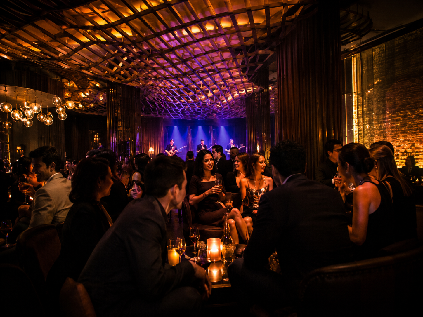 Upscale lounge crowd with warm amber and purple lighting