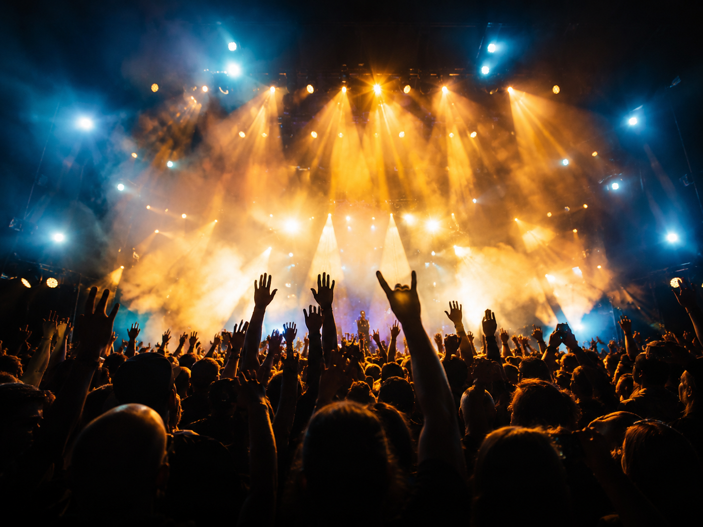Crowd with raised hands under gold and blue stage lights