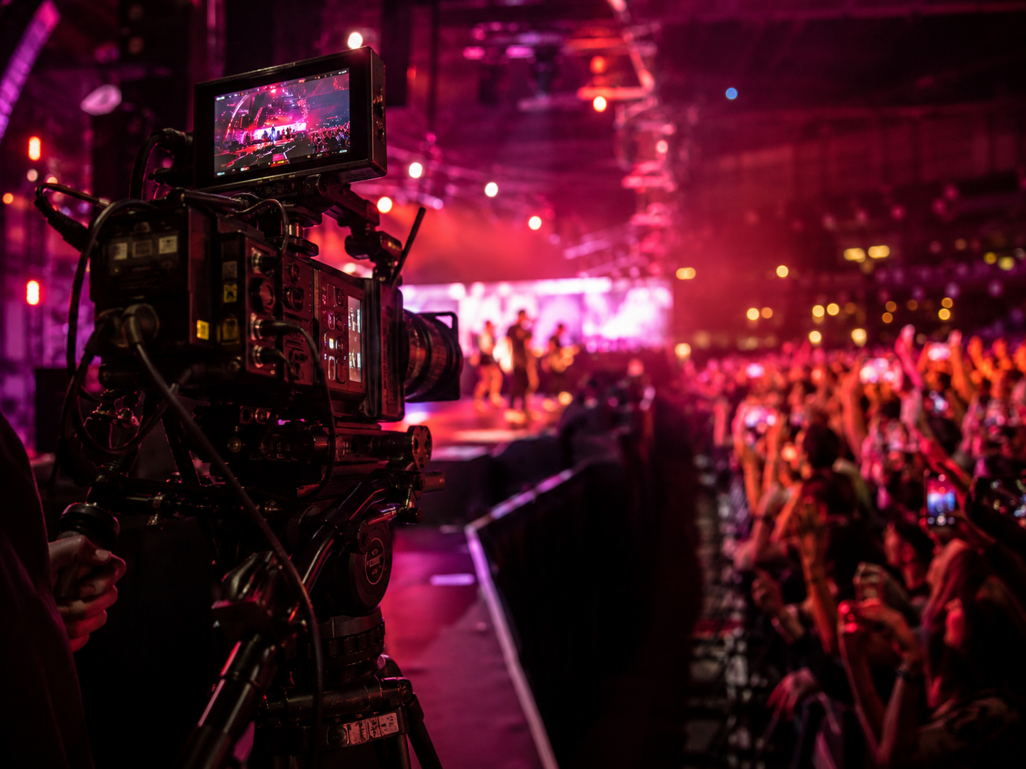 Cinema camera filming a live stage bathed in red light